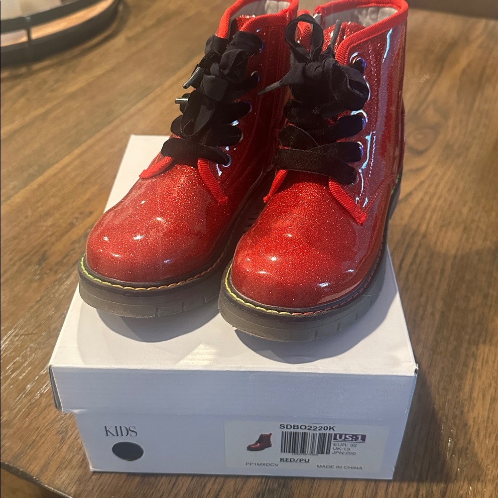 Kids Red Glitter Lace-Up Boots